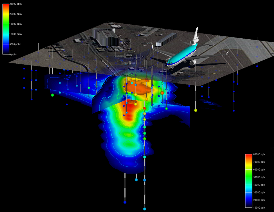 Airport brownfield site with 3D contaminant plume model showing subsurface contamination beneath runway