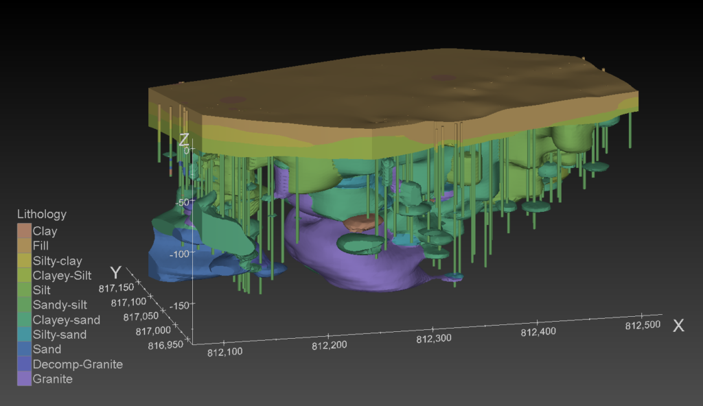 Karst geology model created for the Hong Kong Geological Survey showing complex lithology at a high-rise development site