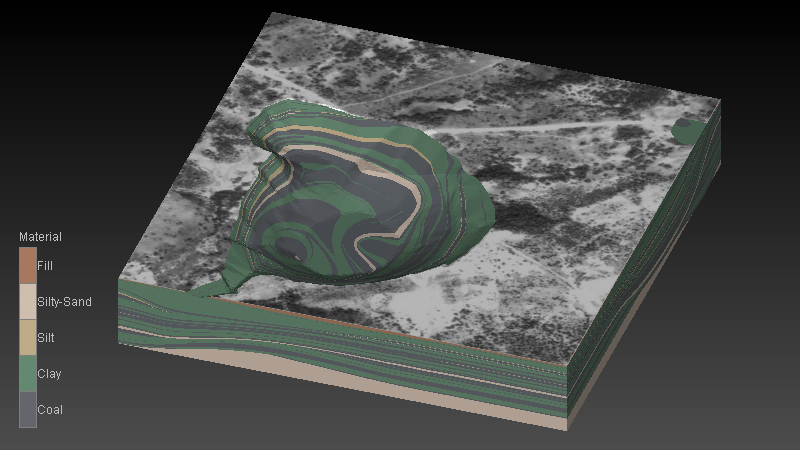 Coal mine modeled in Earth Volumetric Studio showing stratigraphic geology and coal volumes