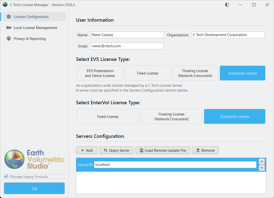 License Configuration with EnterVol options