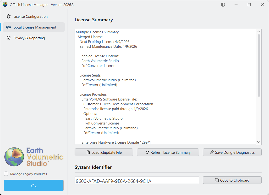 Local License Management tab