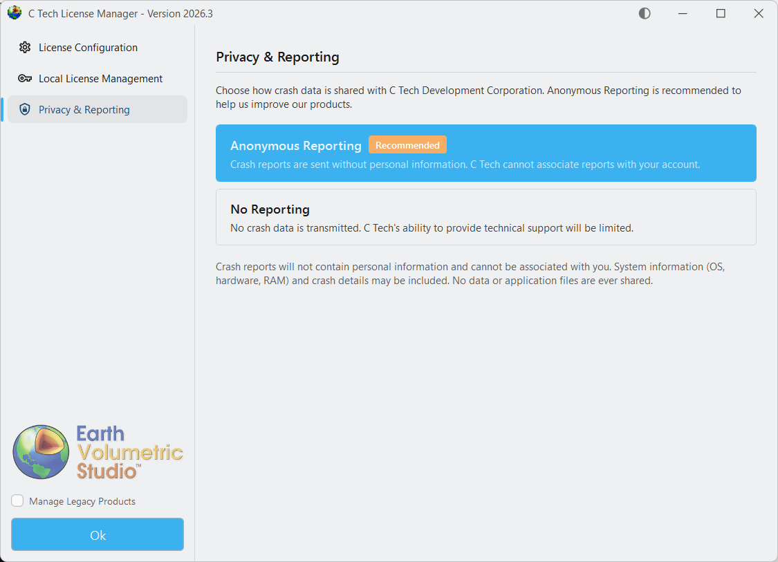 Privacy & Reporting tab
