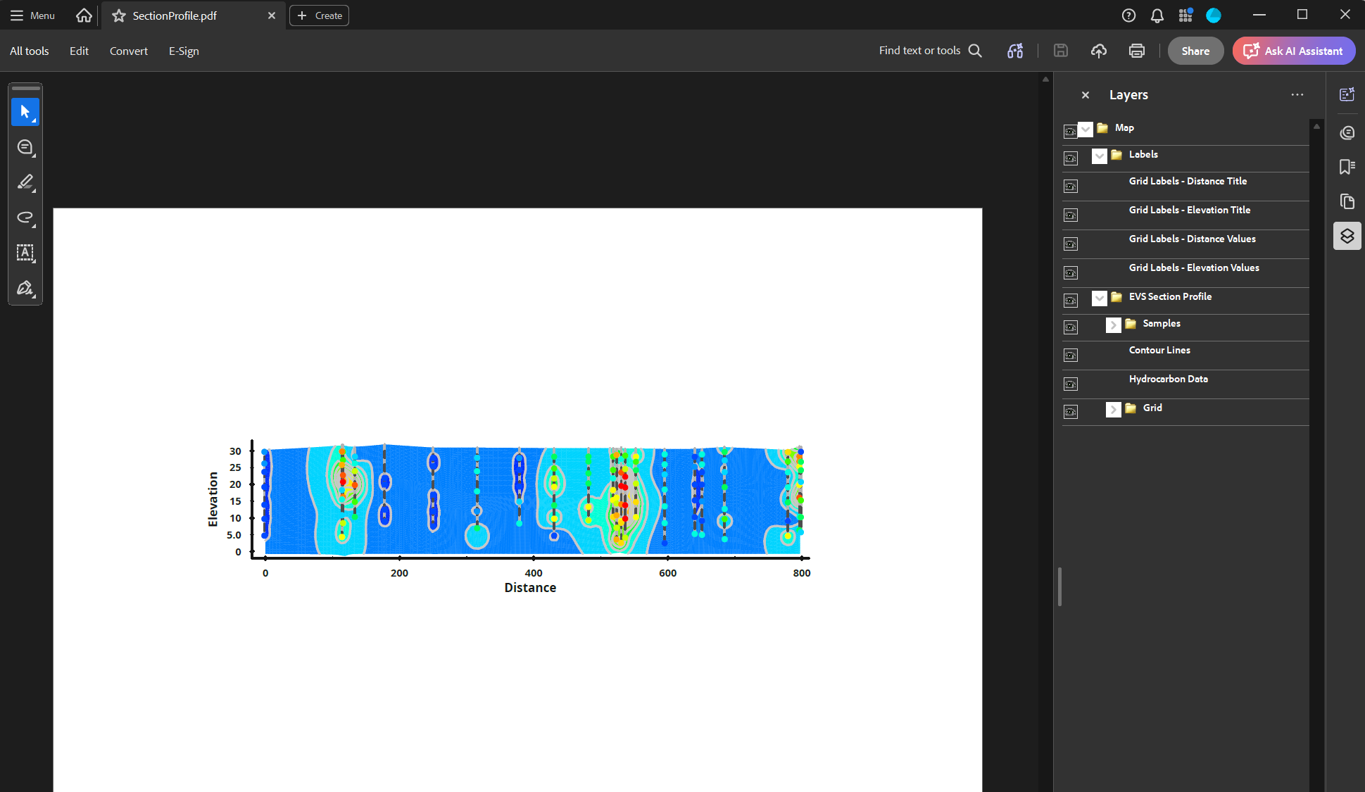 The exported PDF open in Adobe Acrobat, with the Layers panel showing the EVS Section Profile layer tree