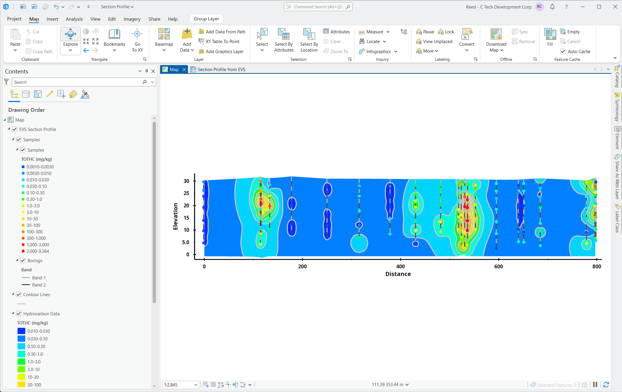 The exported section profile open in ArcGIS Pro, with the Contents pane mirroring the EVS scene and legends matching the EVS display