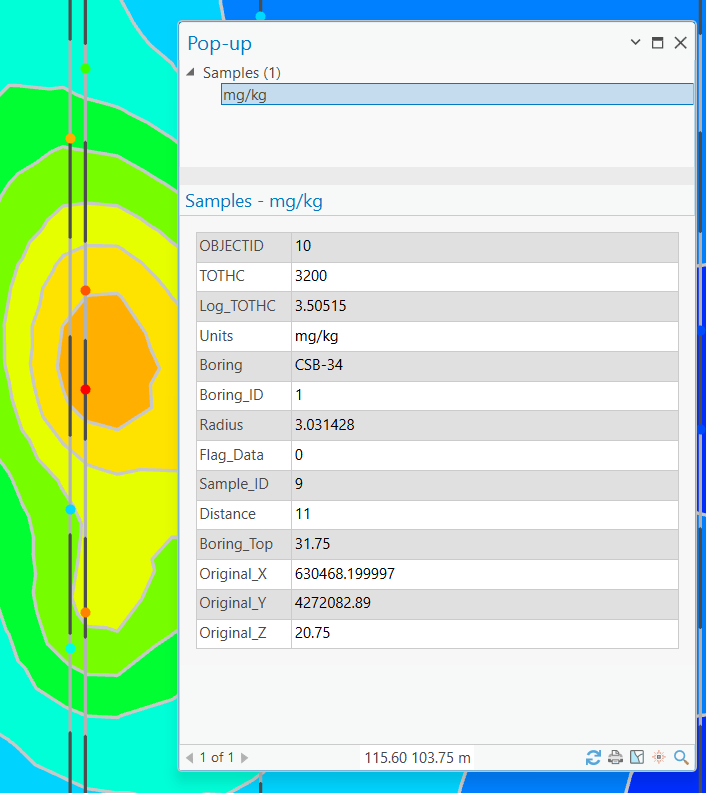 ArcGIS Pro attribute pop-up on an exported sample point, showing the boring name, measured and log-processed values, units, and original site coordinates