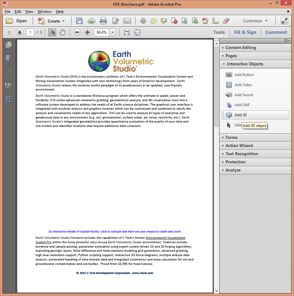 PDF document with space for 3D model in Adobe Acrobat