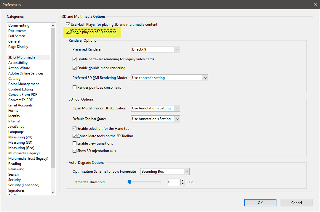 Adobe Reader 3D and Multimedia preferences