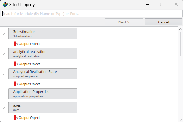 Select Property dialog, first step: selecting a module.
