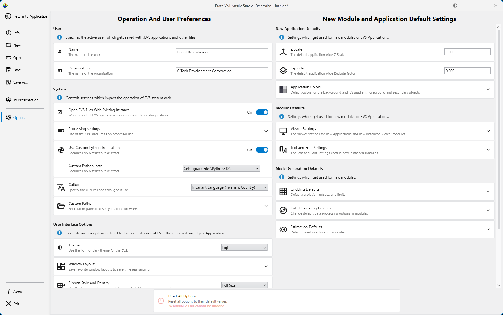 Operation and User Preferences Window