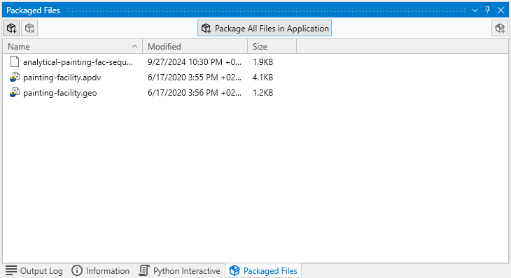 The Packaged Files window showing a list of embedded files.