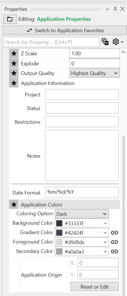 Application Colors settings in the Application Properties panel.