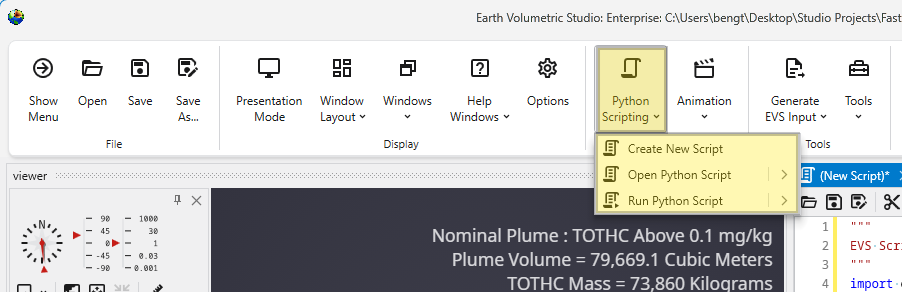 The Python Scripting menu in the main toolbar.