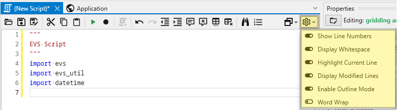 The Editor Options Menu in the Python Script Editor toolbar.